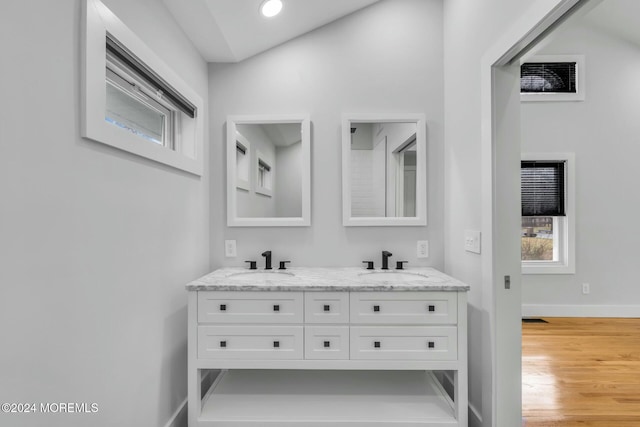 bathroom with hardwood / wood-style floors and vanity