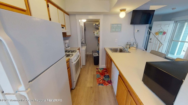 kitchen featuring white cabinetry, sink, light hardwood / wood-style flooring, range hood, and white appliances