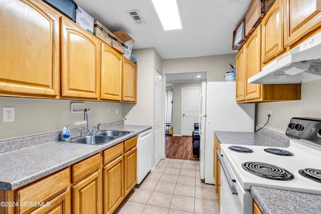 kitchen with sink, light tile patterned floors, and white appliances