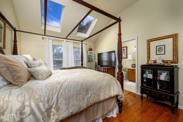 994 Hyson Rd, Jackson, NJ 08527 - bedroom featuring dark wood-style floors, a skylight, high vaulted ceiling, and connected bathroom