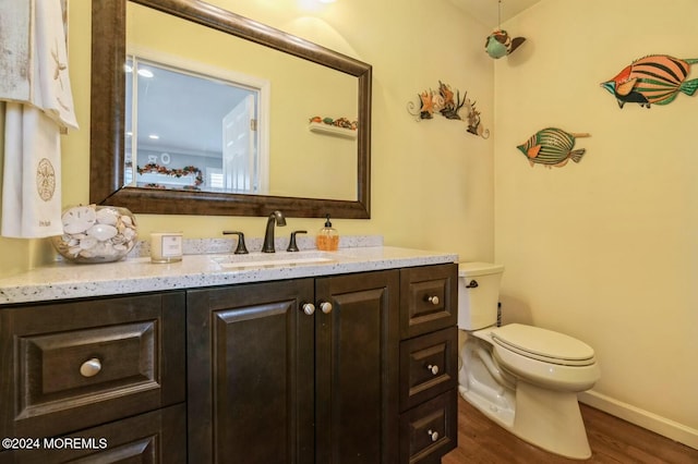 bathroom with hardwood / wood-style floors, vanity, and toilet