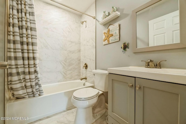 full bathroom with shower / tub combo with curtain, vanity, and toilet