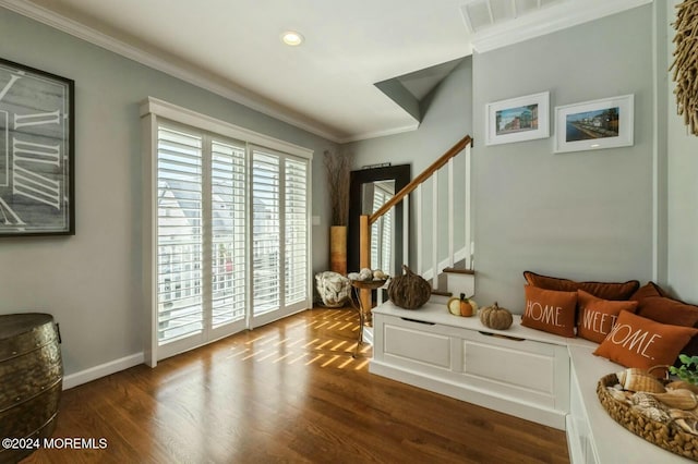 mudroom with dark hardwood / wood-style flooring and crown molding