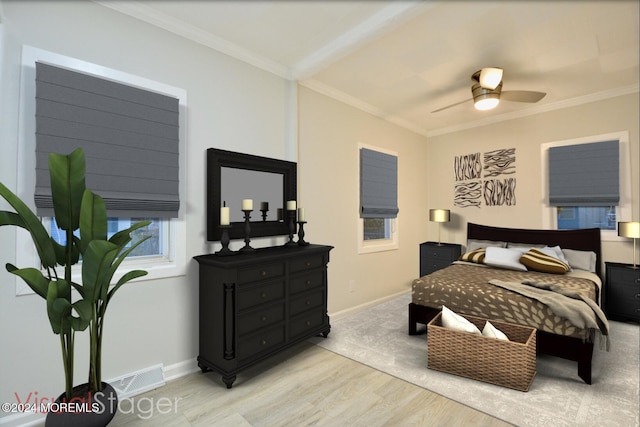 bedroom with ceiling fan, light wood-type flooring, and ornamental molding