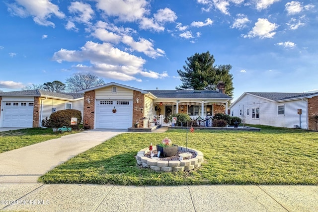 ranch-style house with a porch, a garage, and a front lawn