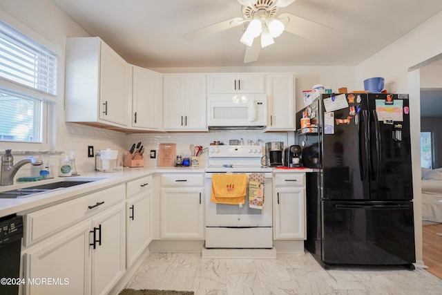 kitchen featuring white cabinets, sink, tasteful backsplash, and black appliances