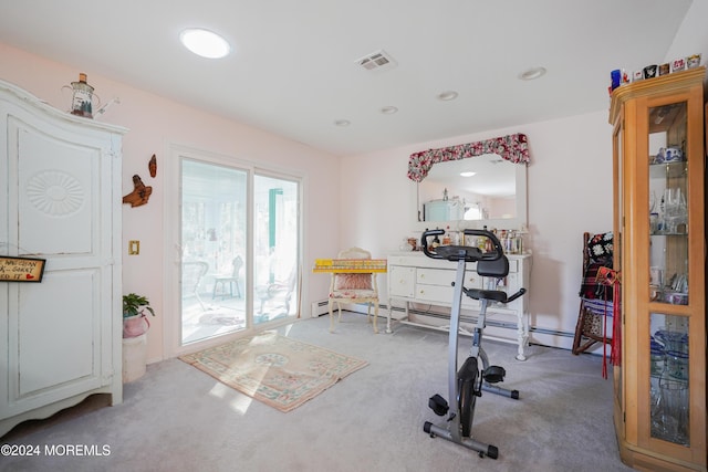 workout room featuring carpet floors