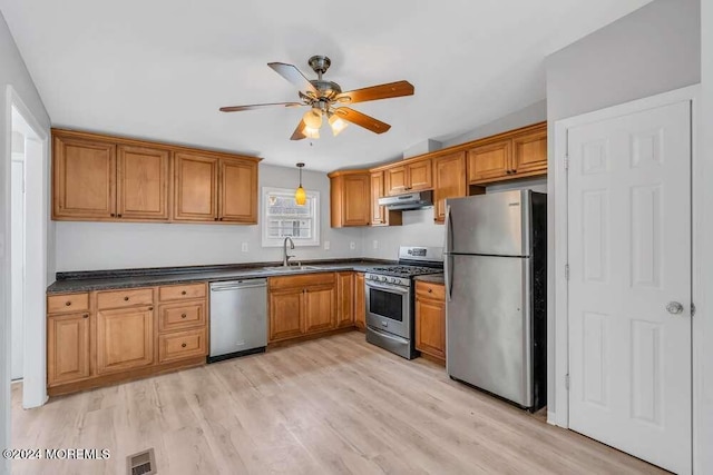 kitchen featuring ceiling fan, sink, light hardwood / wood-style flooring, and appliances with stainless steel finishes