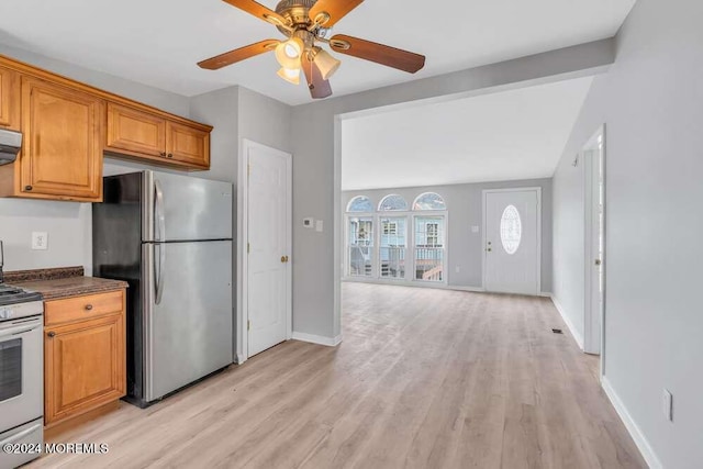 kitchen with ceiling fan, light hardwood / wood-style floors, vaulted ceiling, and appliances with stainless steel finishes