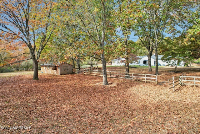 view of yard with a rural view and a shed