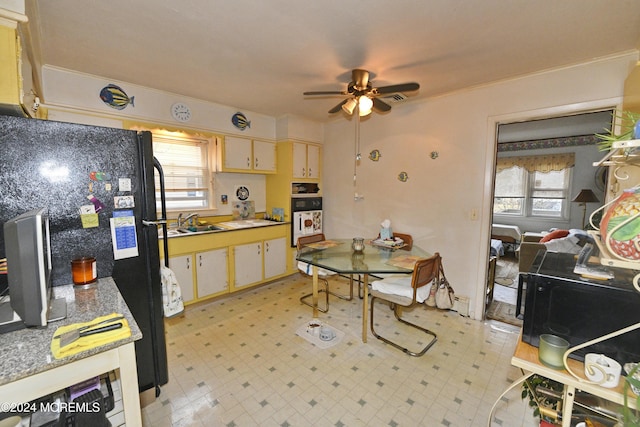 kitchen with white oven, black fridge, plenty of natural light, and sink