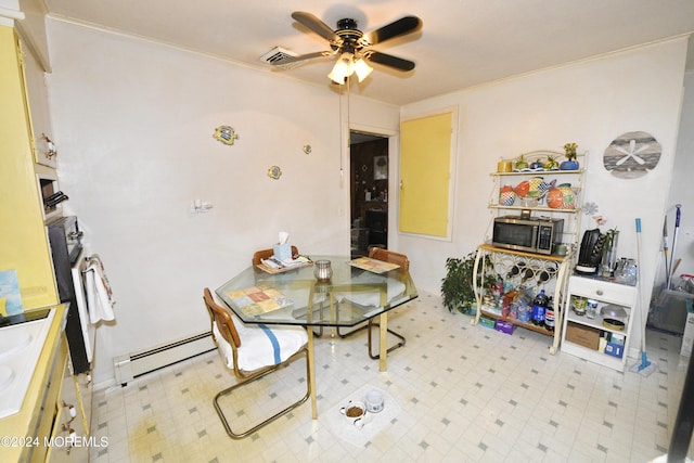 dining area featuring sink, baseboard heating, ornamental molding, and ceiling fan