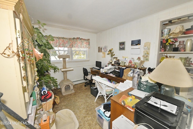 home office featuring light colored carpet