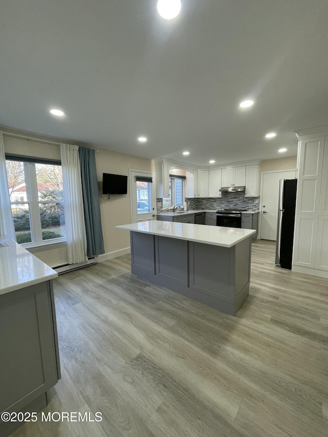 kitchen featuring stainless steel appliances, a large island, white cabinets, and backsplash