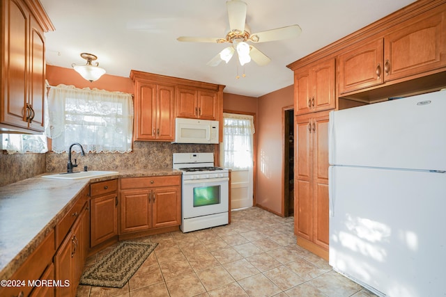 kitchen featuring decorative backsplash, white appliances, ceiling fan, sink, and light tile patterned floors