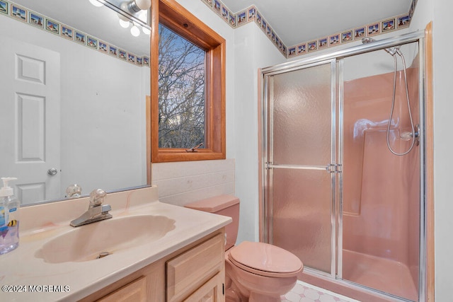 bathroom with vanity, toilet, and a shower with door