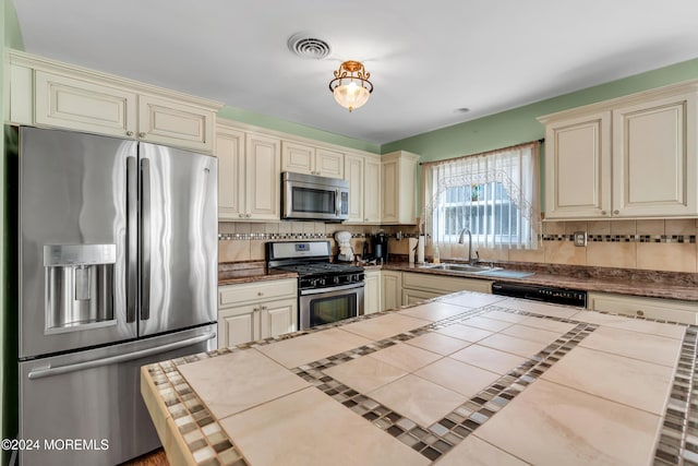 kitchen featuring tile countertops, sink, tasteful backsplash, cream cabinetry, and stainless steel appliances