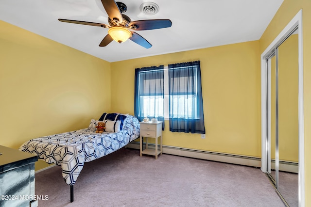 carpeted bedroom with a closet, a baseboard radiator, and ceiling fan