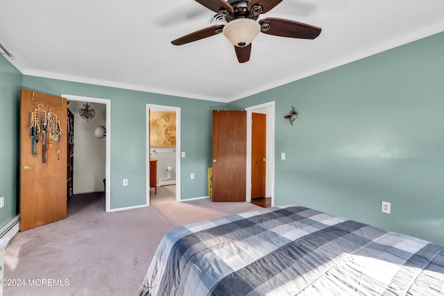 bedroom with ceiling fan, a baseboard heating unit, ensuite bathroom, light colored carpet, and a closet