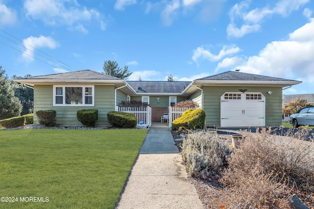 single story home featuring a garage and a front lawn