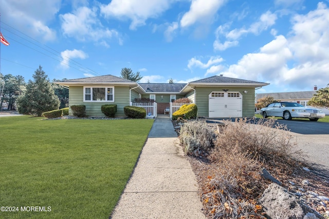 ranch-style house with a front yard and a garage