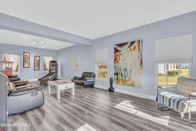 living room with hardwood / wood-style floors, plenty of natural light, and a notable chandelier