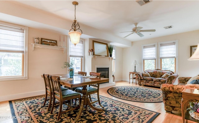 54 Olin St, Ocean Grove, NJ 07756 - dining area featuring a glass covered fireplace, light wood-style flooring, a ceiling fan, and baseboards