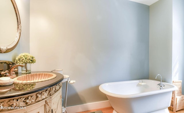 bathroom featuring a washtub and vanity