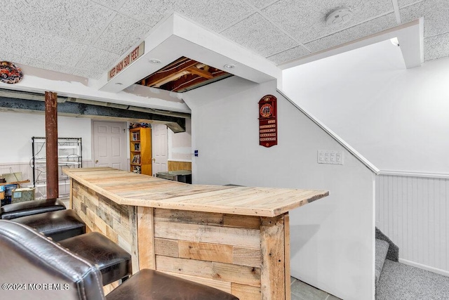 bar with carpet, a drop ceiling, and wooden counters