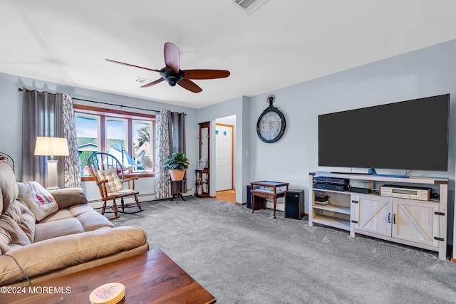 carpeted living room featuring a baseboard radiator and ceiling fan