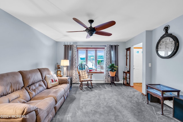 carpeted living room with ceiling fan and lofted ceiling