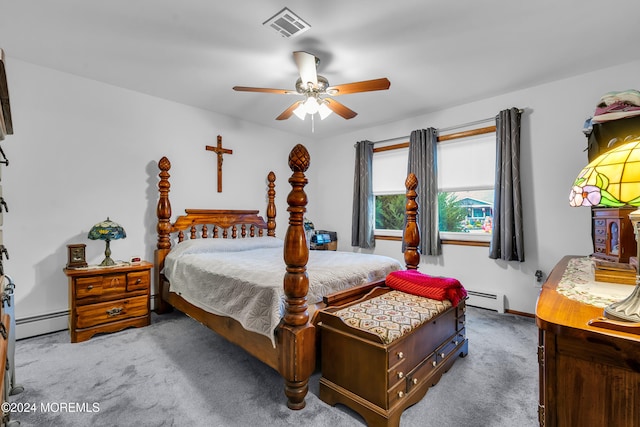 carpeted bedroom with ceiling fan and a baseboard heating unit