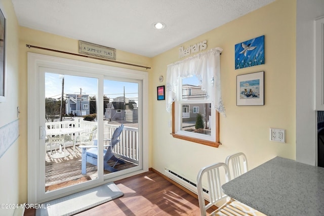 doorway featuring a textured ceiling, hardwood / wood-style flooring, baseboard heating, and a healthy amount of sunlight