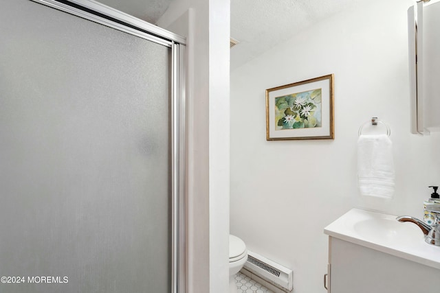 bathroom featuring vanity, a shower with door, tile patterned floors, toilet, and baseboard heating