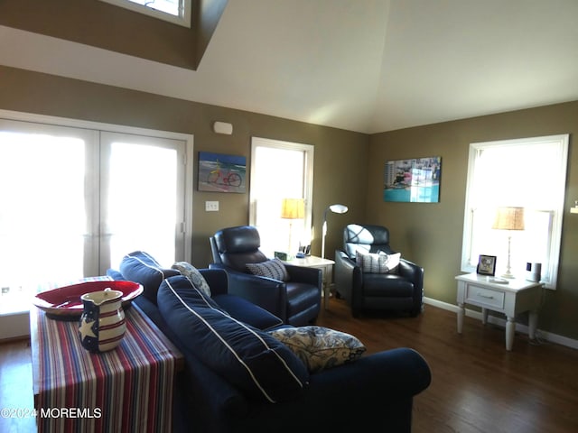 living room with dark hardwood / wood-style floors and vaulted ceiling