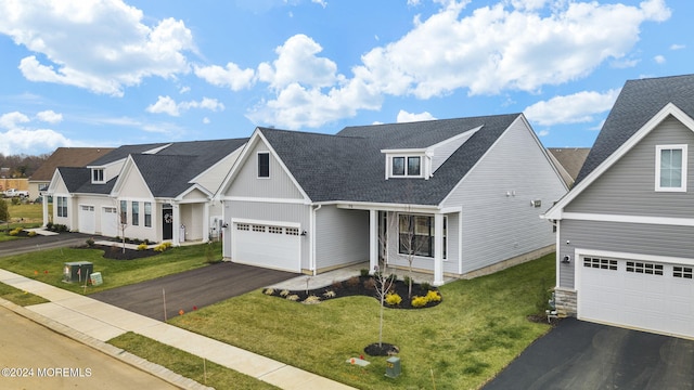 view of front of property featuring a front lawn and a garage