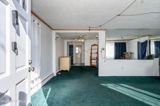 interior space featuring a baseboard heating unit, crown molding, ceiling fan, a textured ceiling, and carpet floors