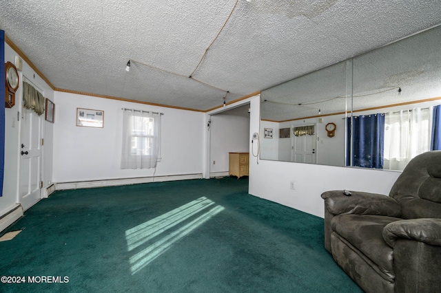 unfurnished living room featuring crown molding, dark carpet, a textured ceiling, and a baseboard heating unit