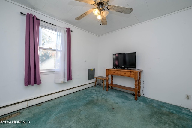 miscellaneous room with carpet flooring, ceiling fan, and a baseboard heating unit