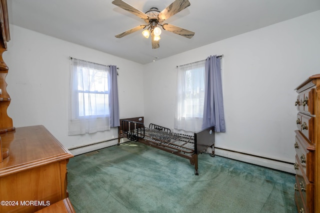 sitting room featuring dark carpet, ceiling fan, and a baseboard heating unit