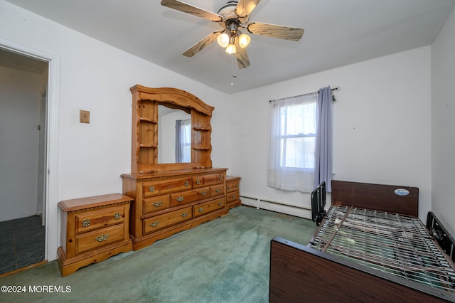 bedroom featuring carpet flooring, ceiling fan, and baseboard heating