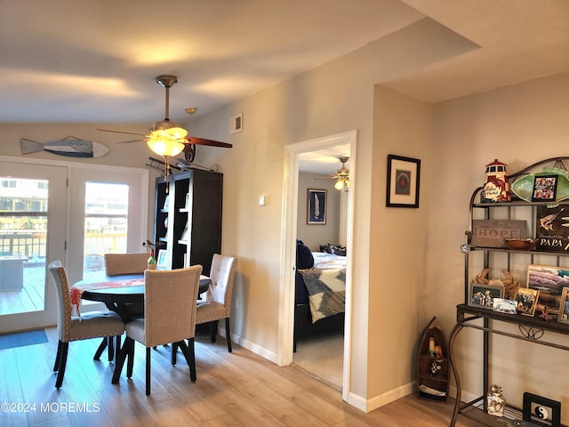 dining area featuring ceiling fan and light hardwood / wood-style floors