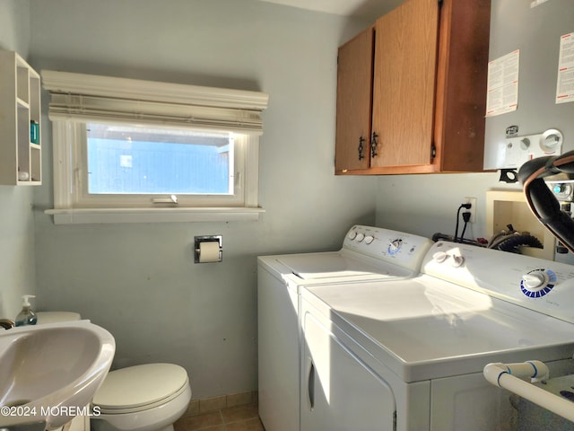 laundry room with separate washer and dryer, water heater, sink, and tile patterned flooring