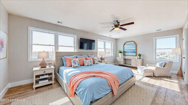 bedroom featuring light wood-style floors, visible vents, and baseboards