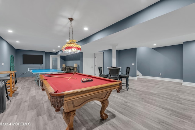 recreation room featuring light wood-type flooring and pool table