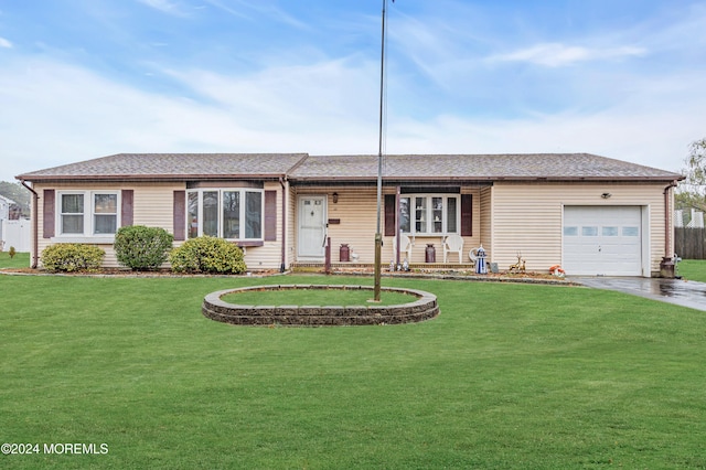 ranch-style house with a front yard and a garage