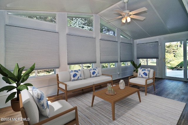 sunroom featuring a wealth of natural light, ceiling fan, and lofted ceiling