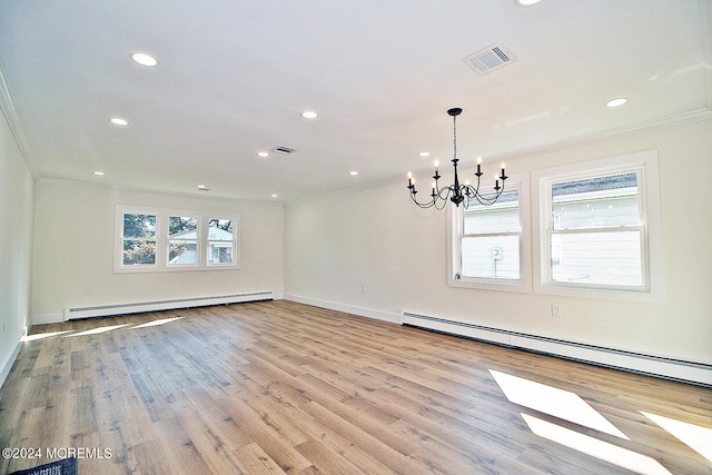 unfurnished dining area featuring a chandelier, a baseboard radiator, and light hardwood / wood-style flooring