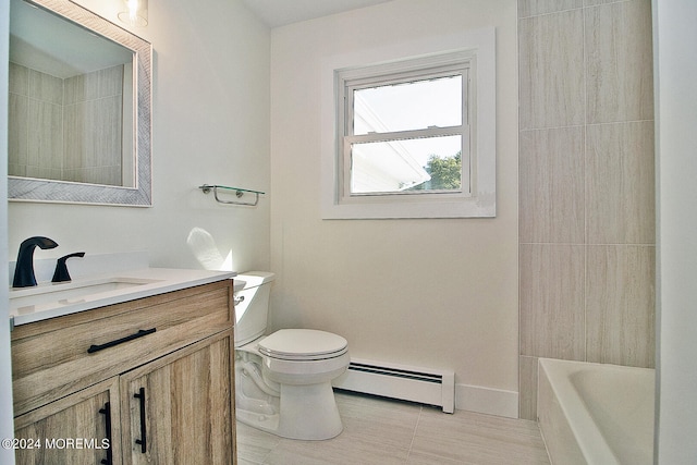 full bathroom featuring shower / washtub combination, vanity, a baseboard radiator, and toilet