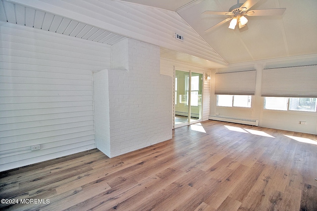 spare room featuring ceiling fan, wood-type flooring, high vaulted ceiling, and a baseboard radiator